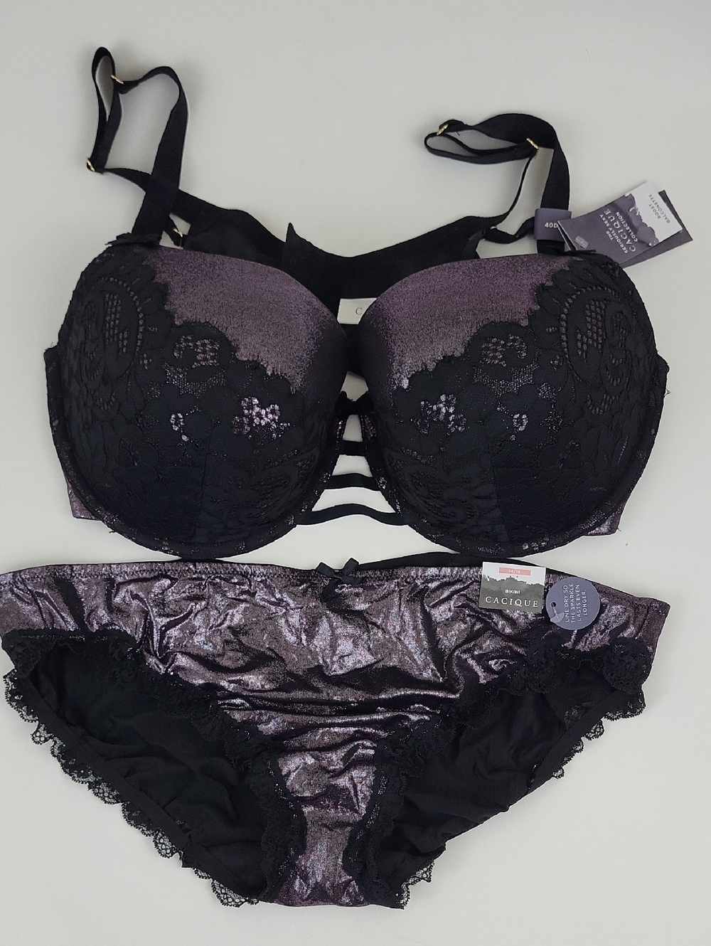 NWT Cacique Metallic Lace Boost Balconette Bra & Bikini Panty Set 40DDD & 14/16